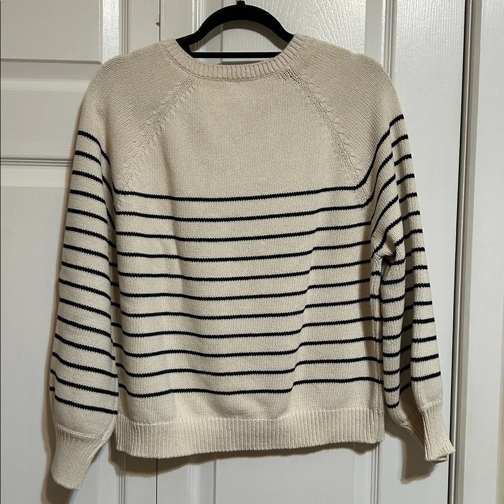 Sezane Striped Henley Pullover Sweater in Cream and Navy - Picture 6 of 6